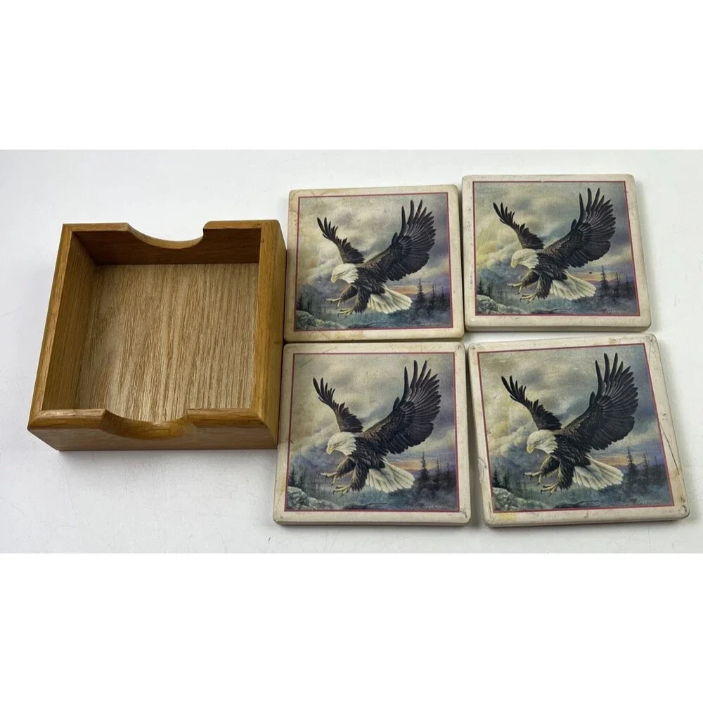 Set Of 4 Asorbastone Bald Eagle Coasters With Wooden Holder Below: